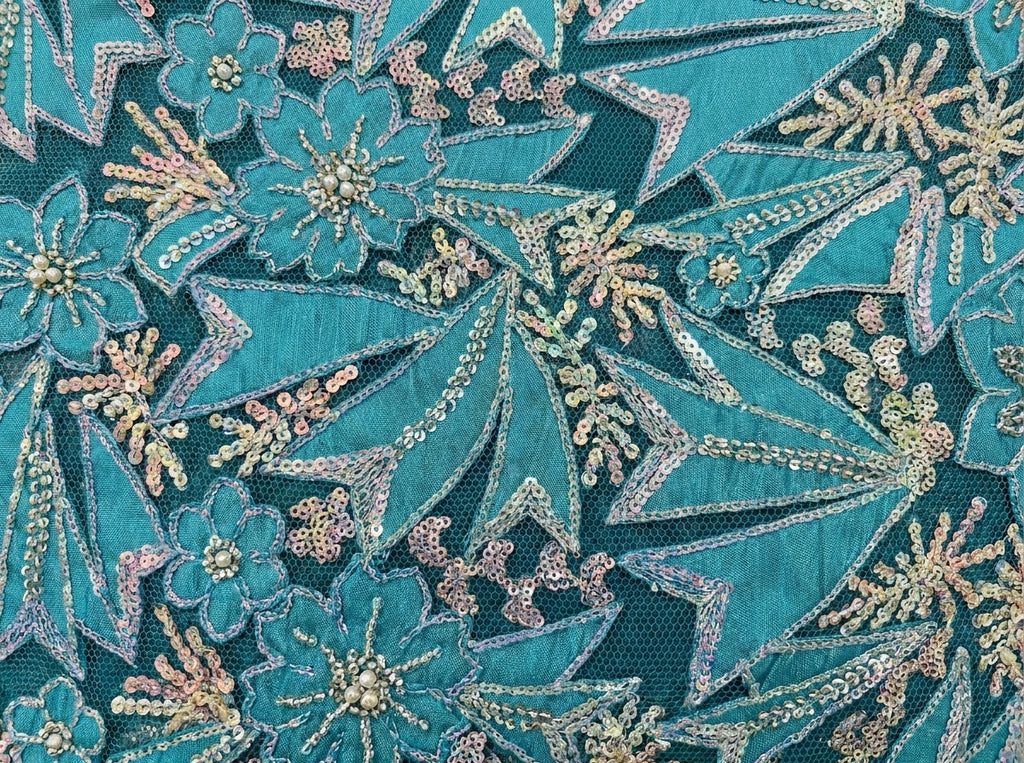 Teal Gold Floral Bazin Riche — close-up detail