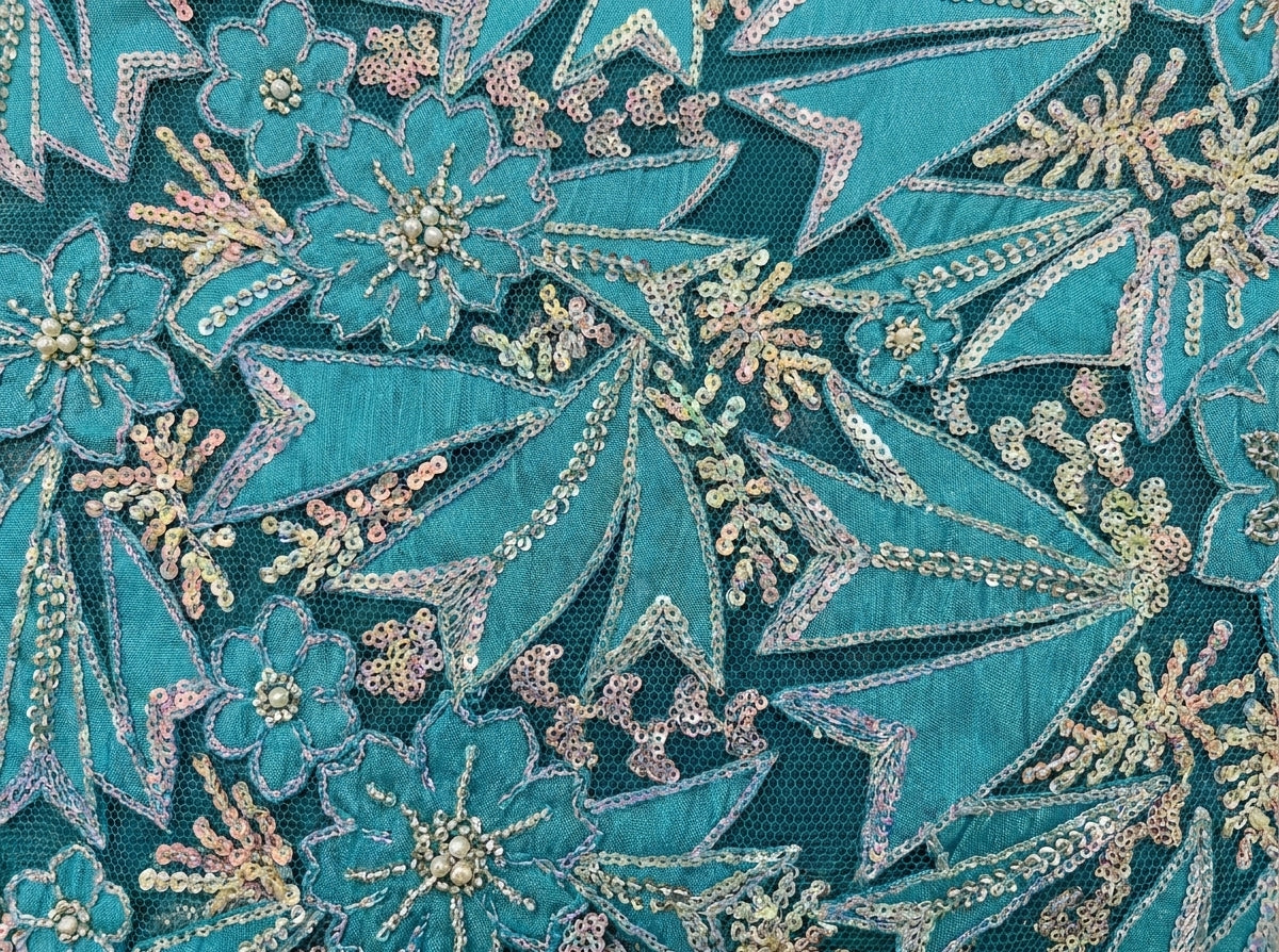 Teal Gold Floral Bazin Riche — close-up detail